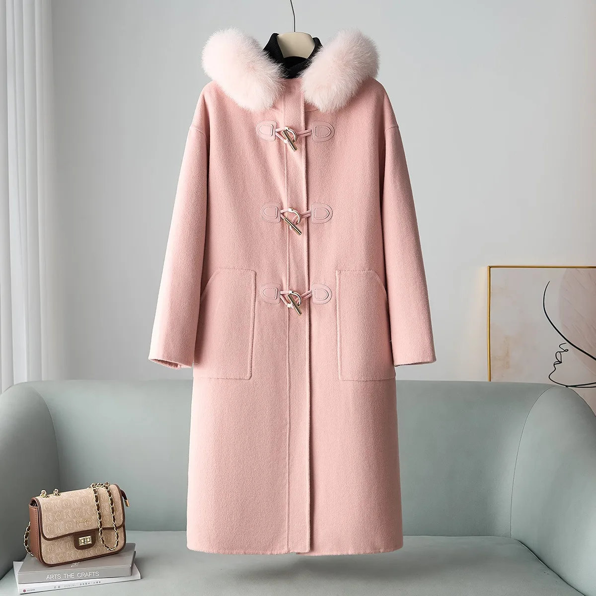 جديد خريف 2025 معطف صوفي 100% متعدد الاستخدامات من فرو الثعلب بقلنسوة طويل على الوجهين للنساء
