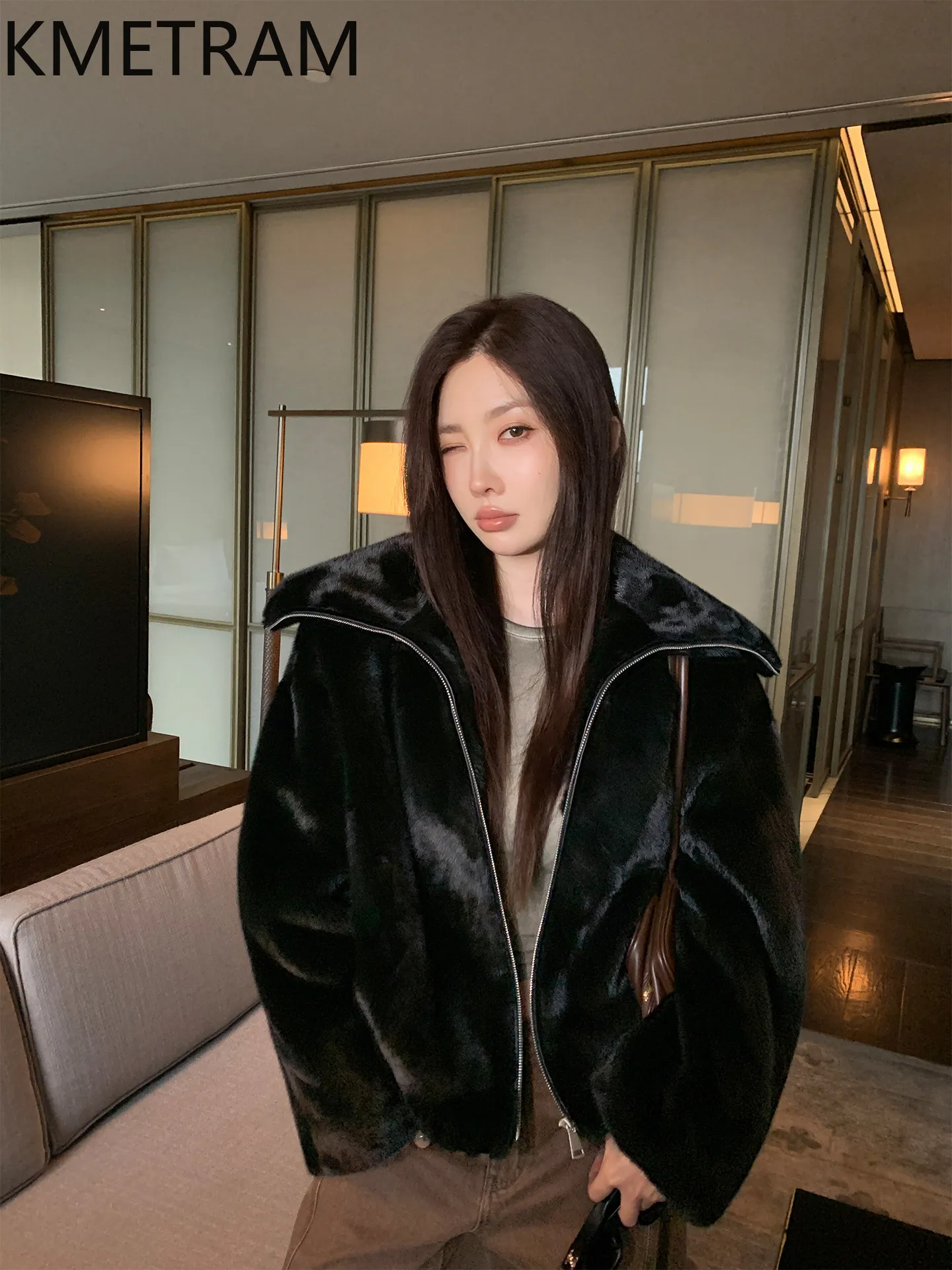 KMETRAM 100% Natural Whole Mink Fur Jacket Woman Lapel Zipper Style Black Mink Fur Coat Winter Jacket Women Clothing 2026 шуба
