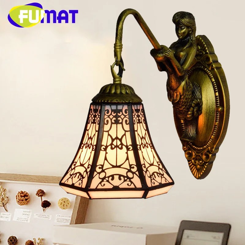 FUMAT Tiffany style 6 inch stained glass Arabian Mermaid sconce light dining room bedroom headboard wall lamp aisle LED decor