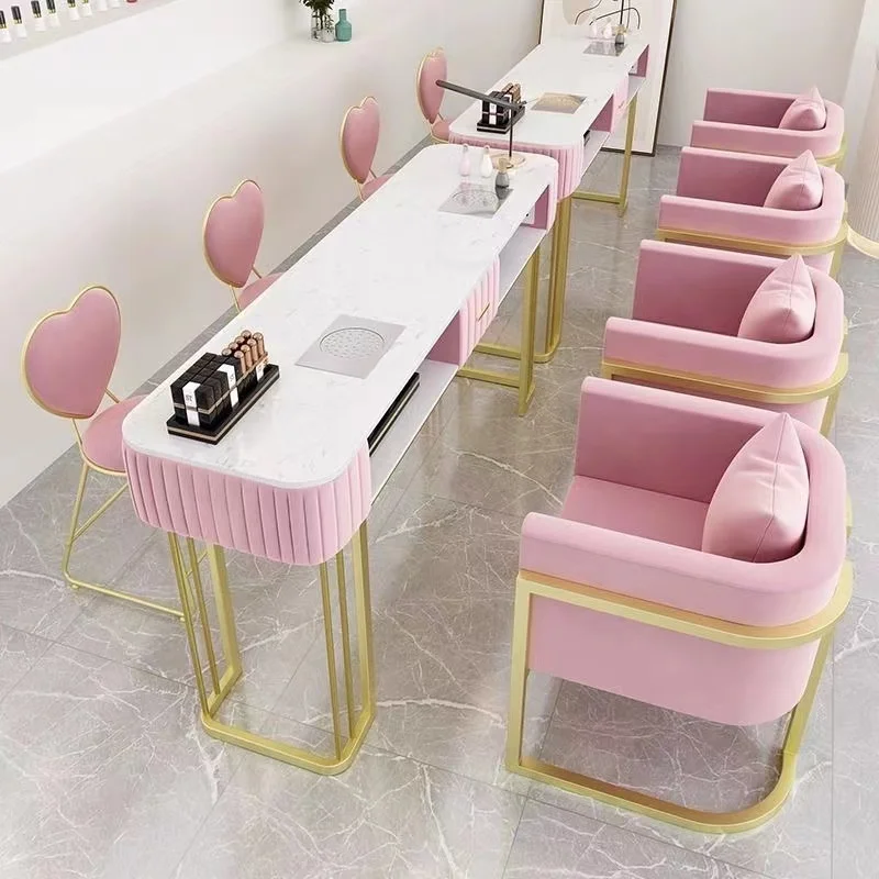طاولة مانيكير وردية GLASGLOW صالون طاولة أظافر على الطراز الفرنسي الحديث أثاث صالون تجميل زجاج علوي سبا طاولة أظافر بيضاء #2