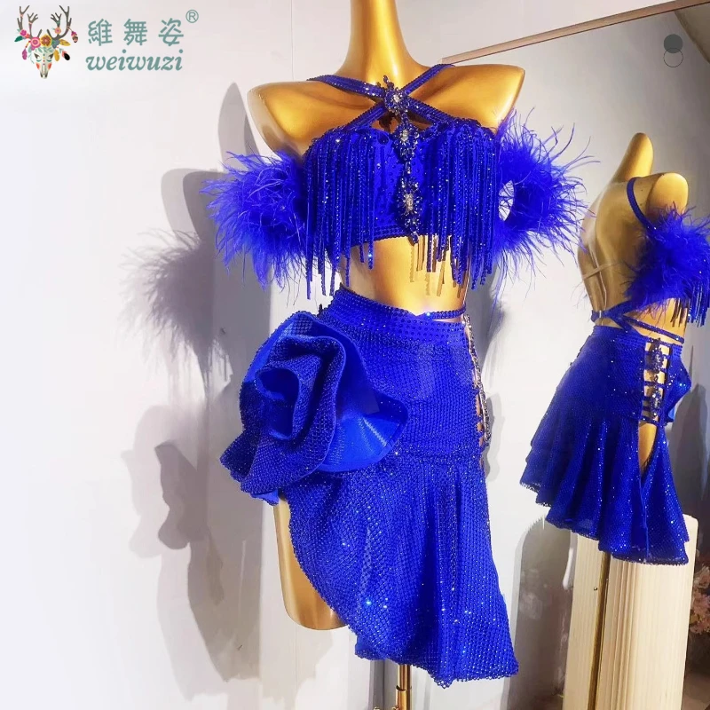Vêtements de concours de danse latine personnalisés, robes de luxe haut de gamme avec pierres AB et plumes, Costumes de spectacle Tango ChaCha Samba