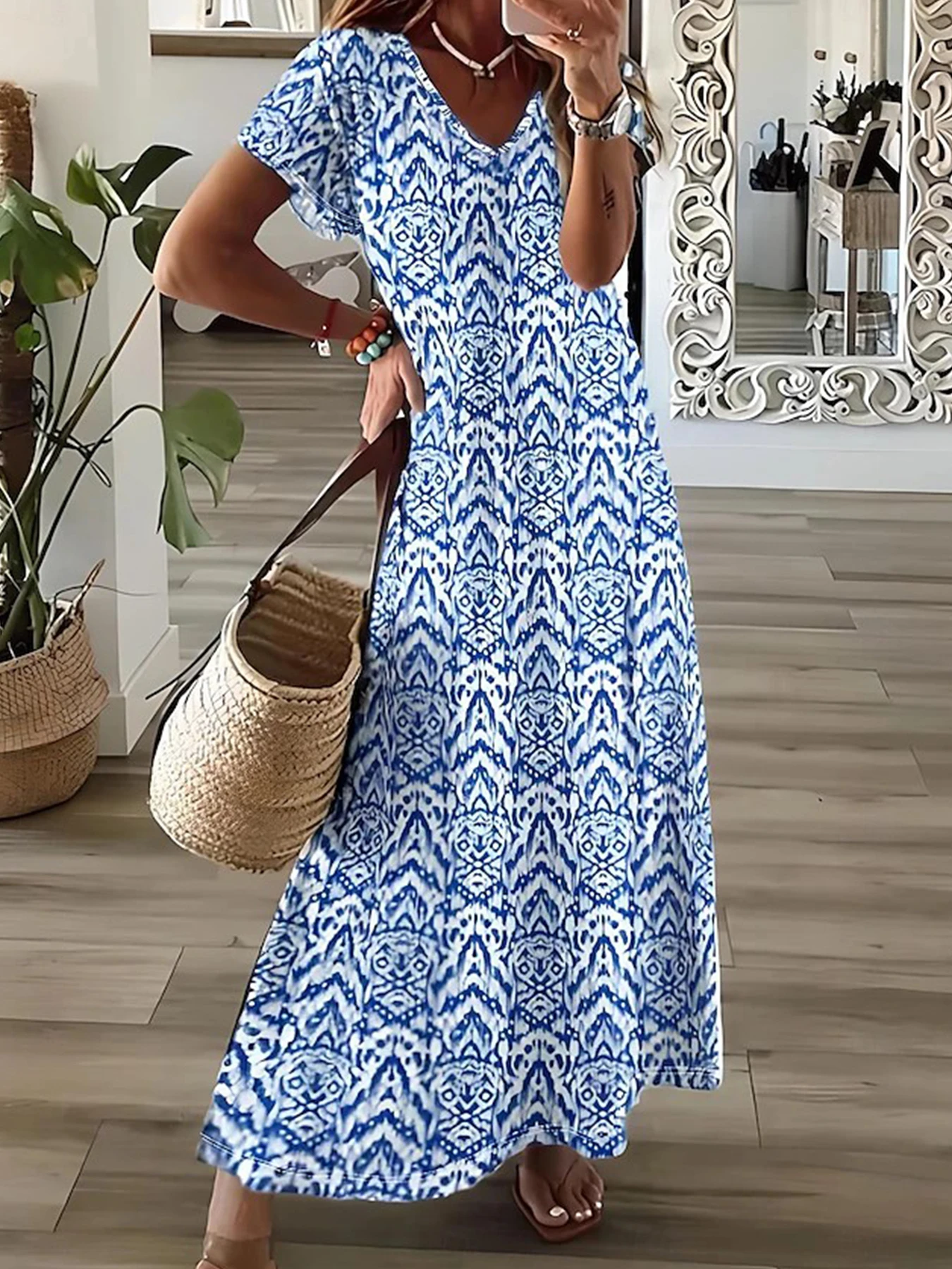 Damen-Maxikleid, lässig, kurzärmelig, T-Shirt-Kleid, V-Ausschnitt, Sommerkleid mit Seitenschlitz, A-Linie, grafisches Pulloverkleid für den Trend