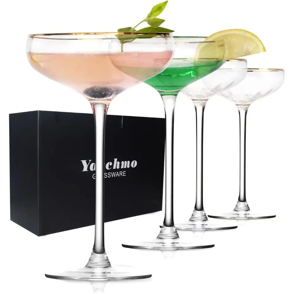 

Vintage Coupe Glasses Set of 4, Tall Stemmed, Gold Rim Cocktail Champagne Glasses, Perfect for Bar, Margaritas, Parties, Ideal G