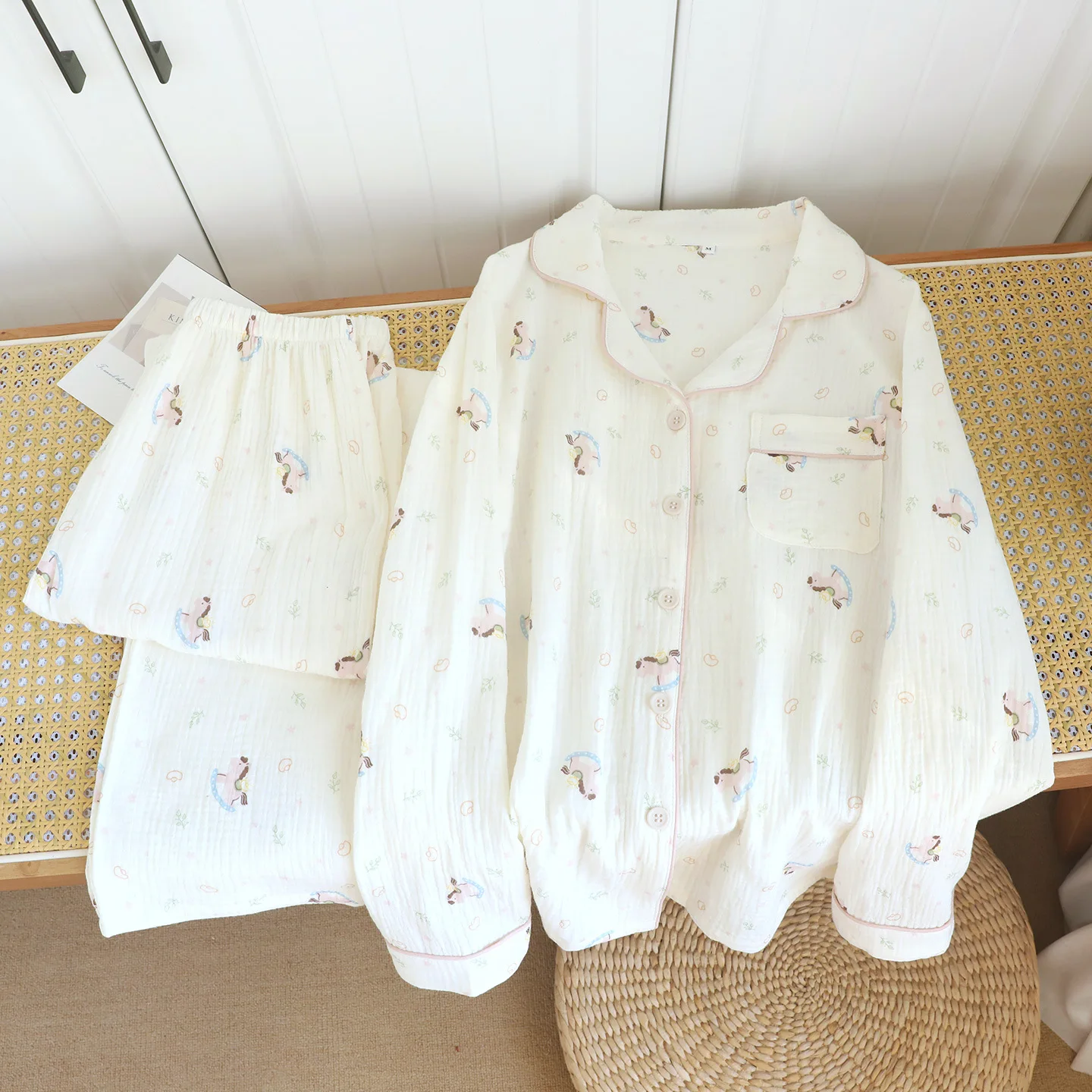 Spring and Autumn Cotton Double Layer Gauze Trousers Pajama Set Cute and Sweet Small Bow Printed Thin Home Wear Pijama Clothes