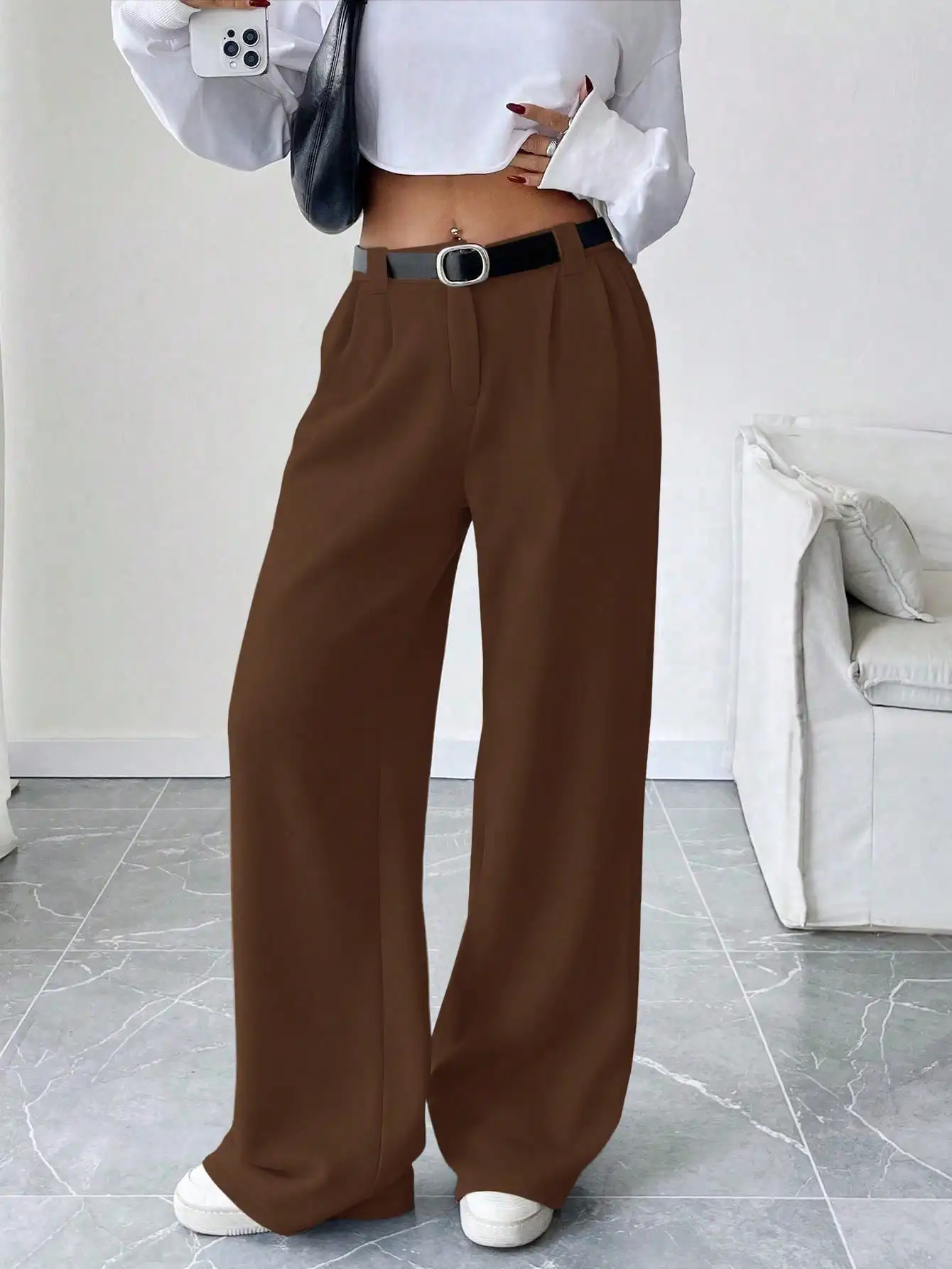 

Брюки женские повседневные коричневые с высокой талией, широкие, прямые, свободного кроя