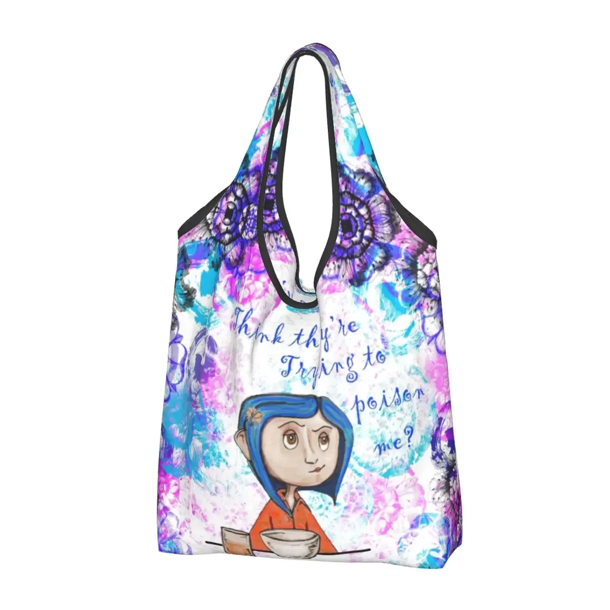 Custom Halloween Horror Film Coraline Shopping Bags Women Portable Large Capacity Grocery Tote Shopper Bags