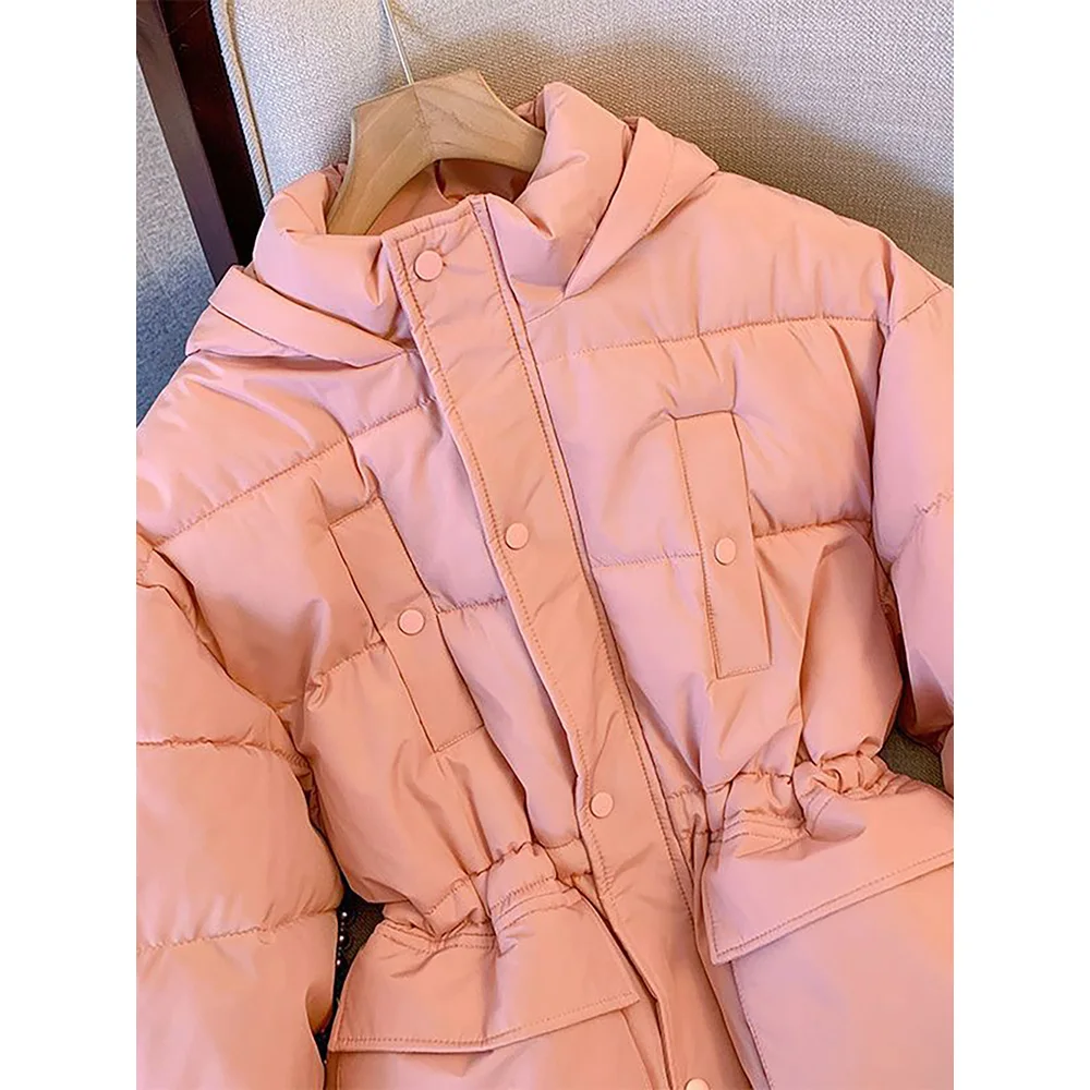 Damska grube wyściełane kurtki 2023 moda zimowa luźna wiązanie w pasie płaszcze bawełniane jednolita, różowa duży płaszcz z kapturem z kieszeniami