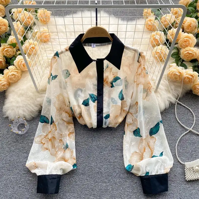 Flower Print Chiffon Vintage Transparent Thin Women\'s Blouse Shirt Polo-Neck Lantern Sleeve Pullover Blouses Spring Summer 2023