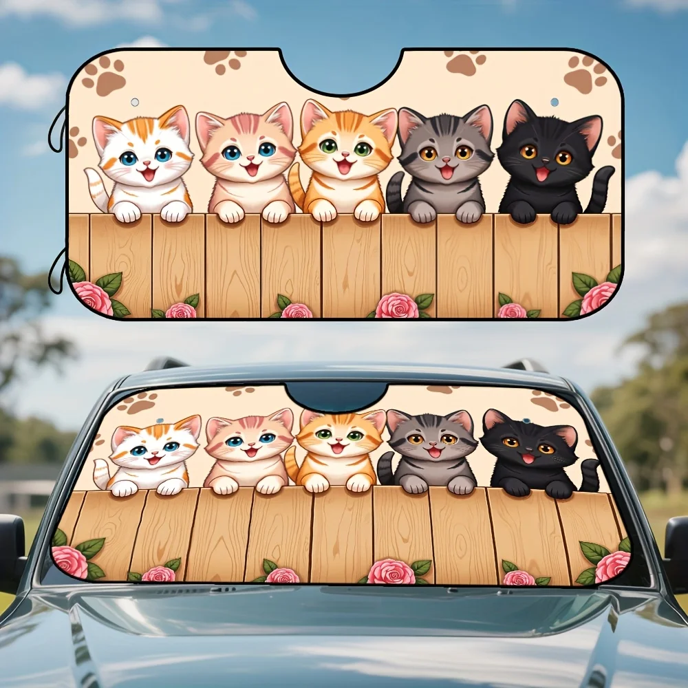 

1pc Cute Kitten Fence Car Sun Visor - Foldable Sunshade With Orange, Gray, Black Kittens - Compact Car Window Shade For Women, P