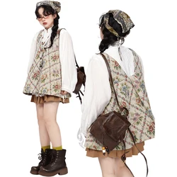 Vintage Women's Mini Skirts Set Y2K Girls Floral Vest Coat Long-sleeved Loose Undershirt with Pleated Skirt Suits Ladies Outfits