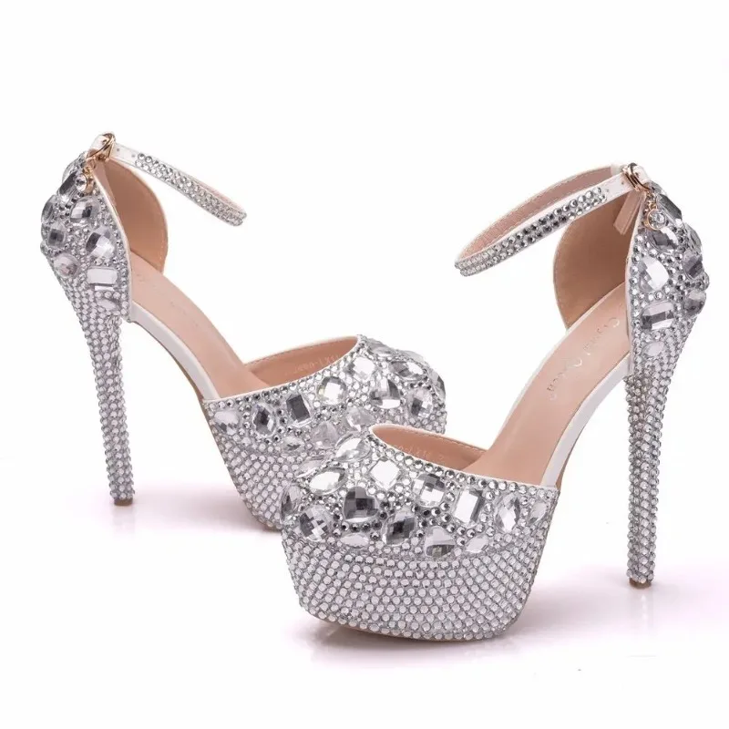 Summer New Women Slingbacks Sandals Buckle Pumps Rhinestone Crystal Platform PU 14CM Thin Heels Height Increasing Woman Shoes