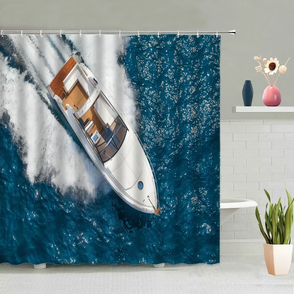 Ocean Yacht Shower Curtain Boat Blue Sea Ship Modern Scenic Printed Bathroom Curtain Waterproof Fabric Screen Home Decoration