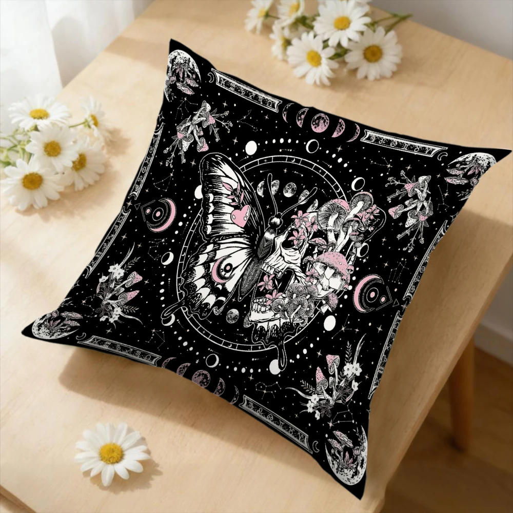 Gothic Butterfly Skull Moon Phase Floral Cushion Cover Black White Pink Soft Washable Square Pillowcase for Home Decor