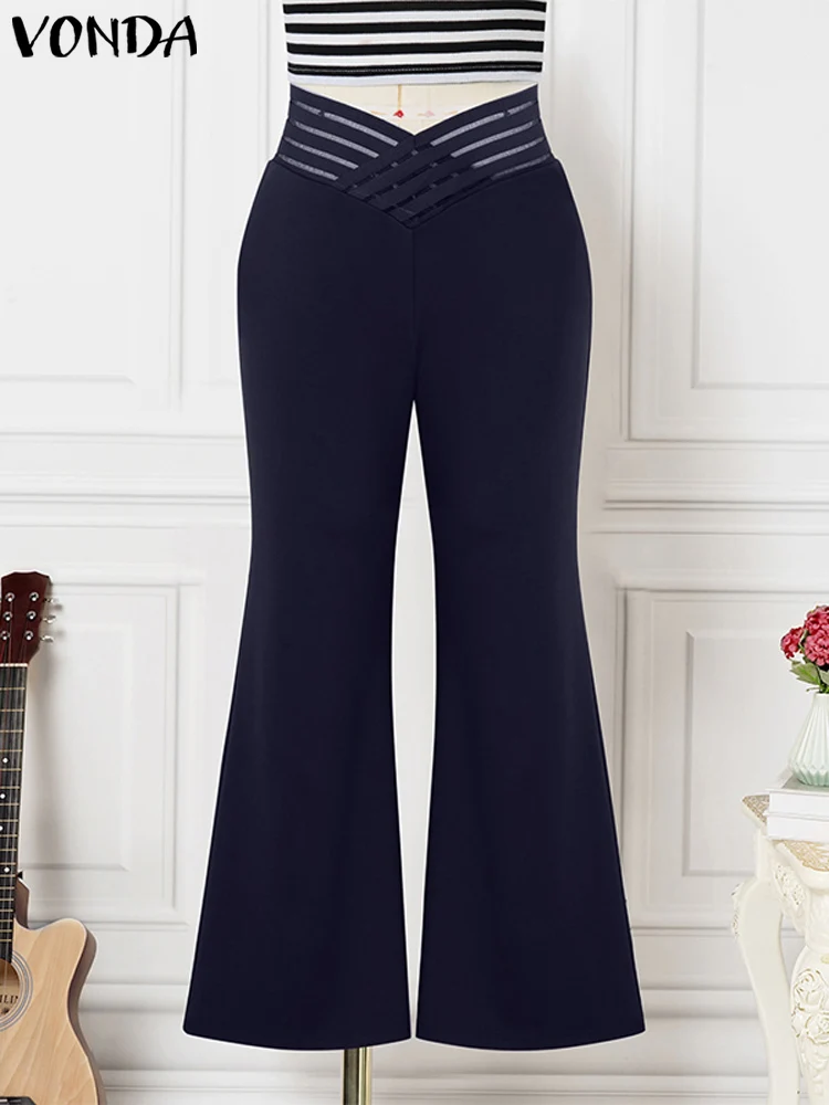 

2025 Autumn Turousers Women Mesh Patchwork High Waisted Wide Leg Pants Causal Solid Color Long Bottoms Street VONDA Plus Size
