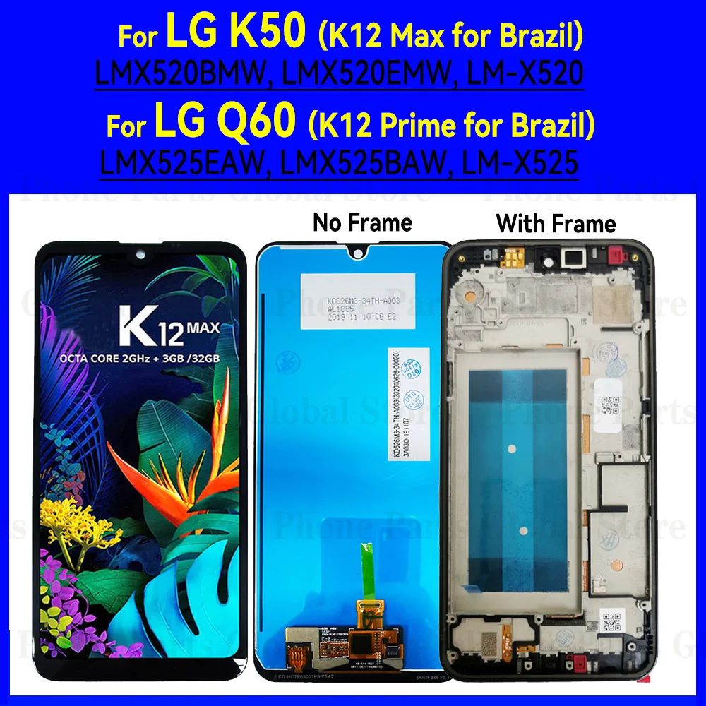 6,26 "AMOLED LCD Para LG K50 ( K12 Max for Brazil ) LMX520BMW LMX520EMW LM-X520 LCD Display Screen Q60 ( K12 Prime for Brazil ) LMX525EAW LMX525BAW Display Digitador De Tela De Toque Substituir Para LG K12 Max Tela LCD