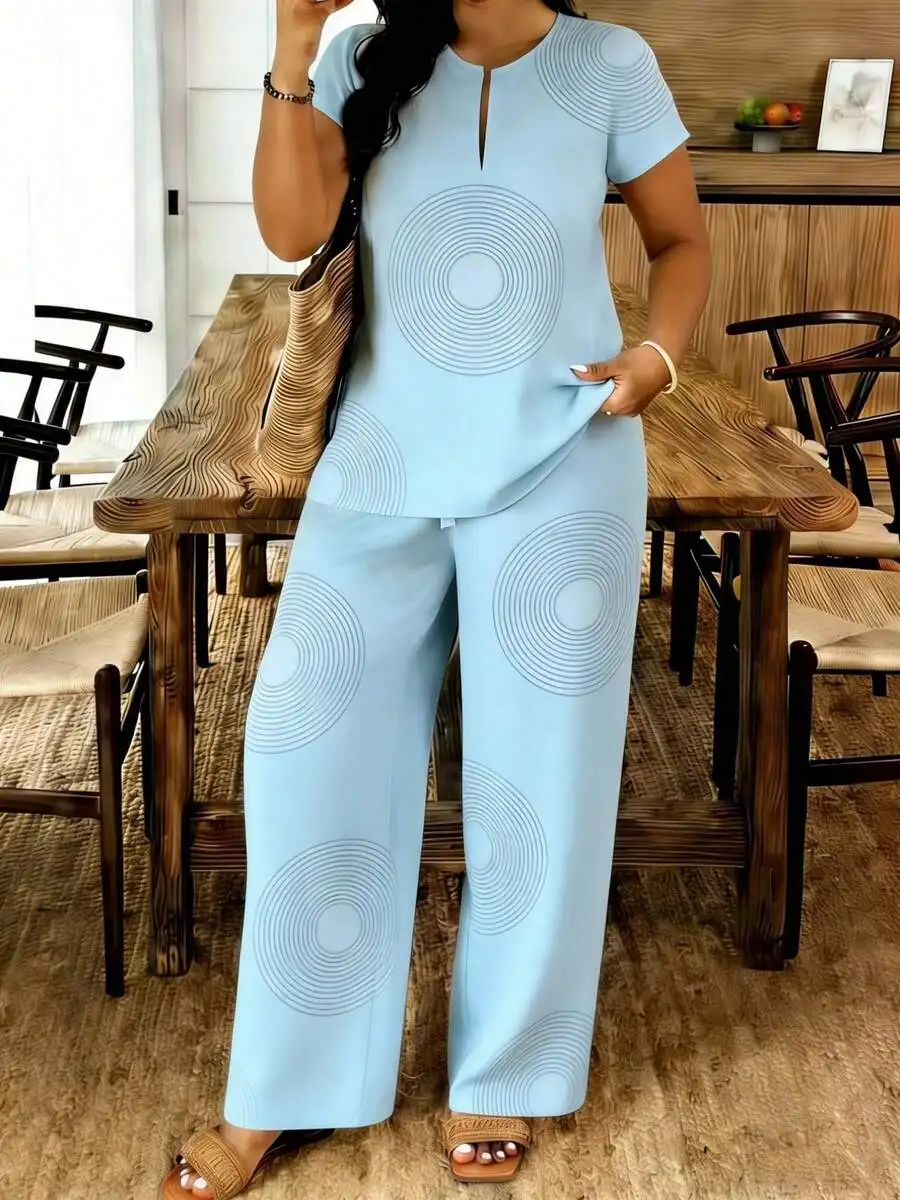 

Light Blue Minimalist Circle Print Womens Short Sleeve Wide Leg Pants Set Casual Summer Outfit