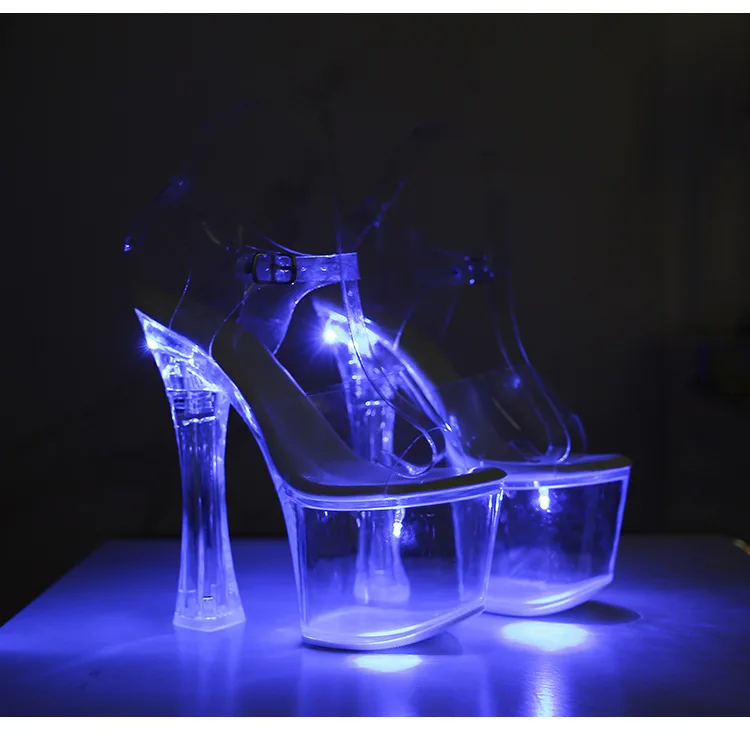 Tacones extremadamente altos de 17,5 CM, plataforma brillante, tacones claros, sandalias para discoteca para mujer, modelo de moda de PVC transparente, zapatos de pasarela