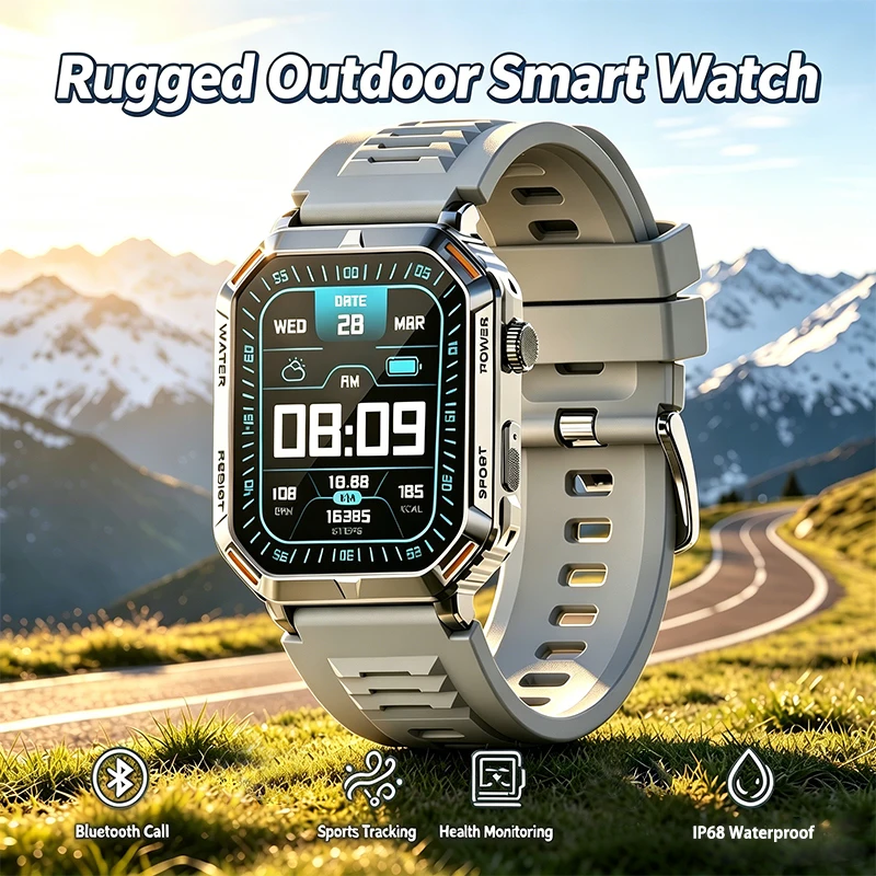 Outdoor Military Smart Watch 1.96" HD Screen IP68 Waterproof BT Call Heart Rate Blood Pressure Sport Fitness Tracker For Men