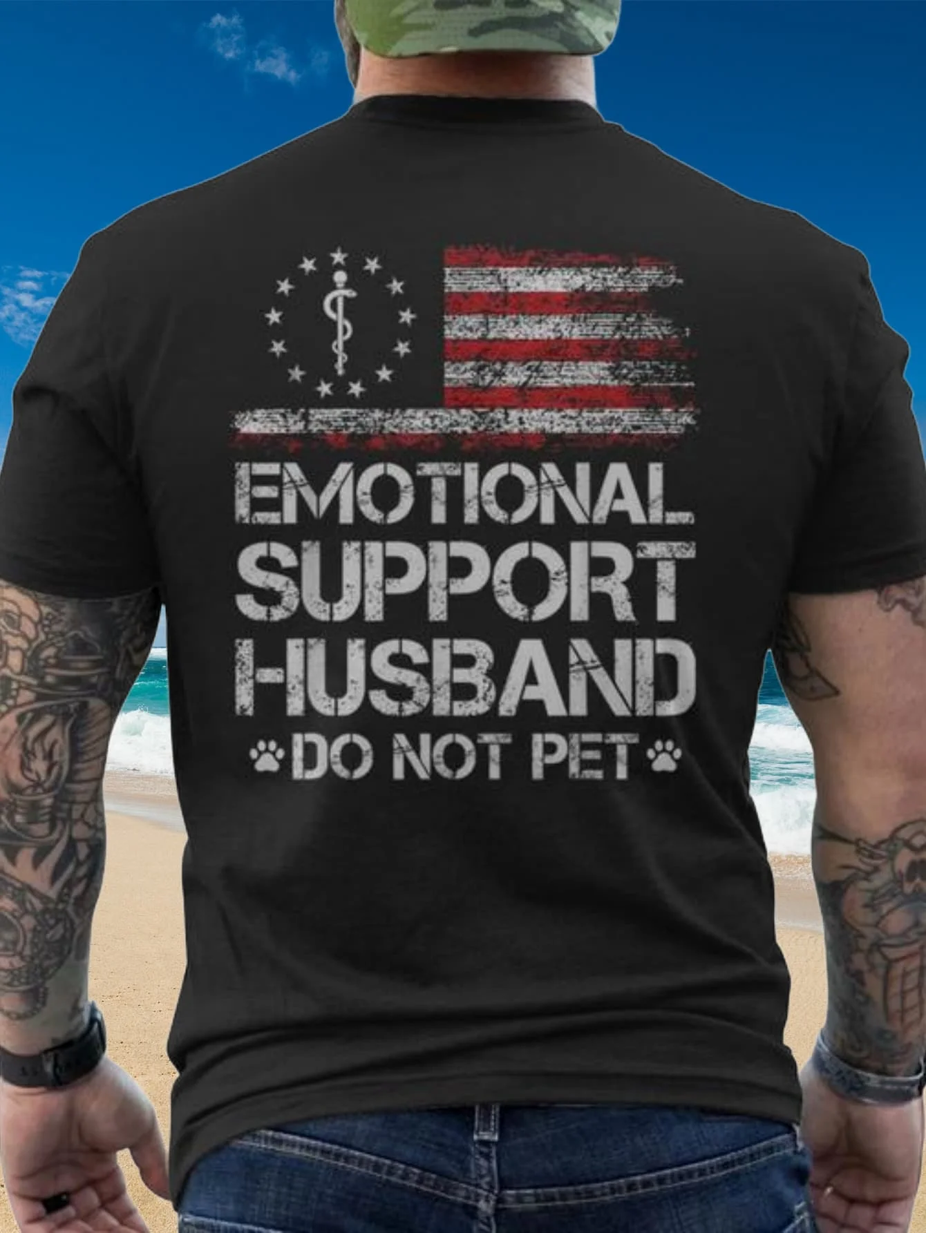 Men's Vintage American Flag T-Shirt - Emotional Support Husband Do Not Pet Back Print - Patriotic Casual T-Shirt, Husband Gifts, Size Optional - Fun Marriage Humor Clothing, Humor Gift Ideas, Vintage Design Shirt, Durable Print Quality, PLUS SIZE