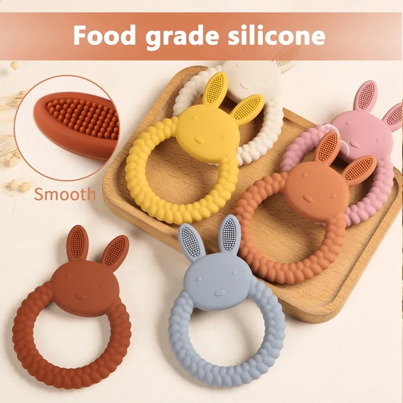 Baby Silicone Teether Toys BPA Free Silicone Cartoon Bear Rabbit Holder Ring Bracelet Teething Toys Food Grade Infant Molar Toys