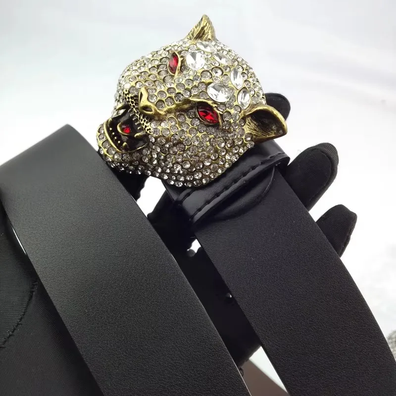 

Hot sale rhinestone tiger buckle belt luxury belts Cowhide Genuine designer high quality fashion male women strap