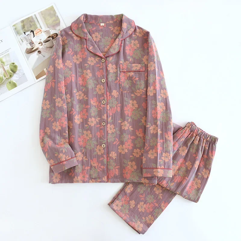 2024 New Spring and Autumn Women\'s Pajama Set 100% Cotton Jacquard Collar Flower Long Sleeve Long Pants Two Piece Home Clothes