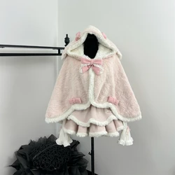 Pink Sweet Lolita Dress 3 Piece Set Autumn Winter Women Cute Bow Bunny Hooded Cloak Kawaii Cartoon Slim Dresses Gothic Y2k Suit