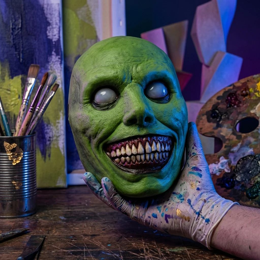 Halloween Ugly Face Mask Latex Full Head Latex Horror Mask With Sharp Teeth For Halloween Scary Costume Use Ugly Funny Smiling Face Detail Green Face Ugly Mask Style Open Mouth Funny Style For Adult Halloween Costume Fans Hot Sale 2026 Halloween Wholesale