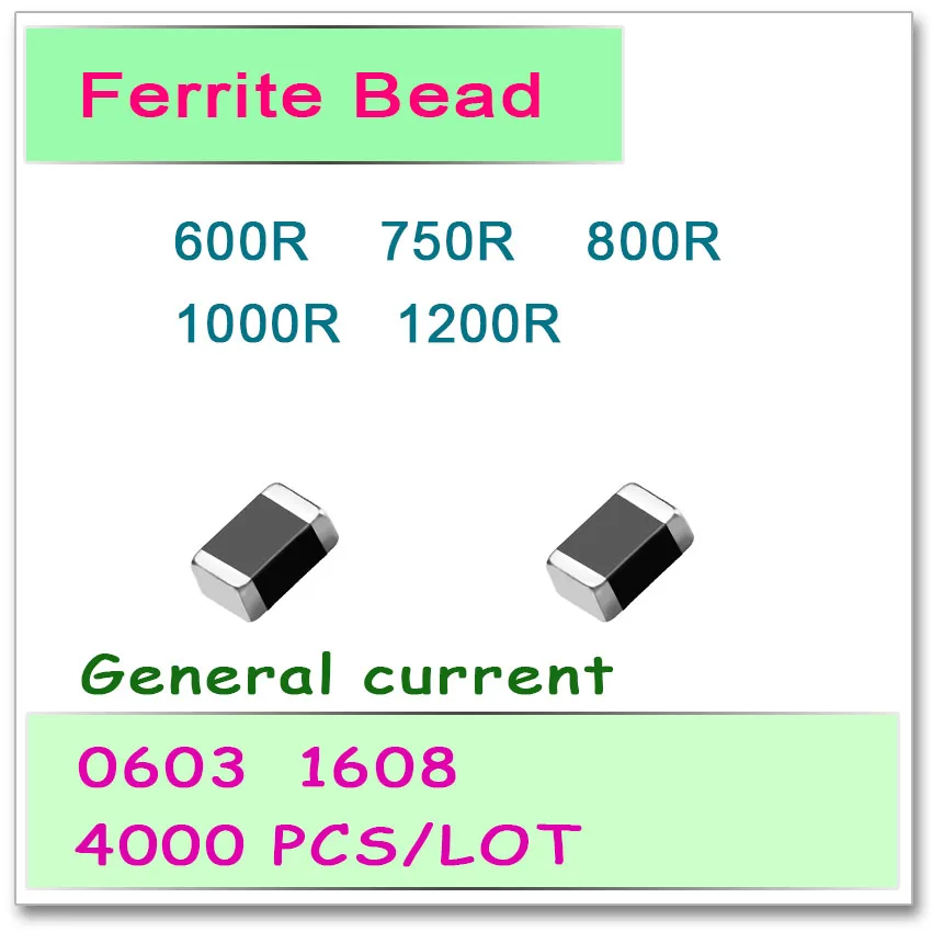 JASNPROSMA 일반 전류 SMD 페라이트 비드, OHM FB 하이 퀄리티, 0603/1608 100MHZ, 4000PCs, 600R, 750R, 800R, 1000R, 1200R, 25% 비드, 신제품