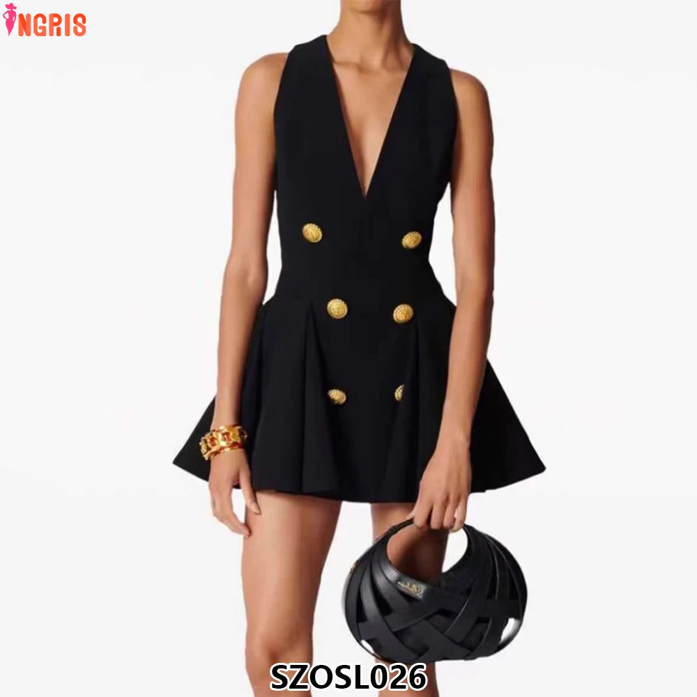 

Light Luxury Dress Black Double Breasted Sleeveless Vest Dress High Waist Slim V-Neck Dress-SZOSL026