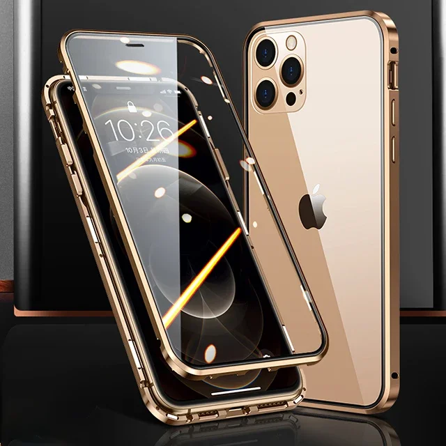 Magnetische Hülle für iPhone 17 16 15 Pro 14 Pro Max 13 12 11 Metall Doppelseitige Glasabdeckung iPhone XR XS Max 7 8 SE 2020 360 Grad – Detail 7