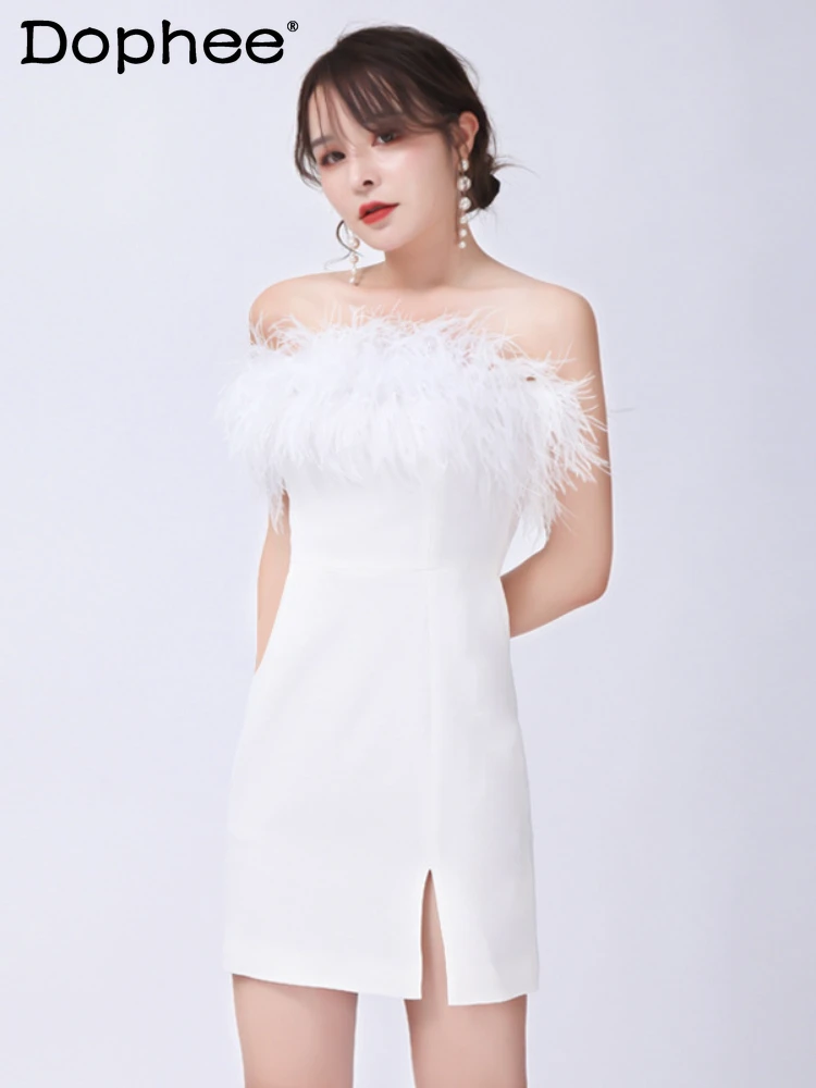 

Fashion Feather Stitching Elegant Backless Black Dress for Women 2024 Summer New Birthday Party Chest Wrap White Dress Female