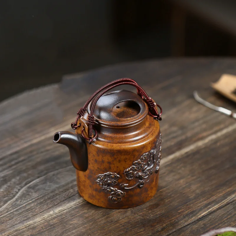 450ml Yixing Purple Clay Teapots Handmade Embossment Dargon Pot Raw Ore Mud Tea Making Kettle With Infuser Chinese Zisha Tea Set