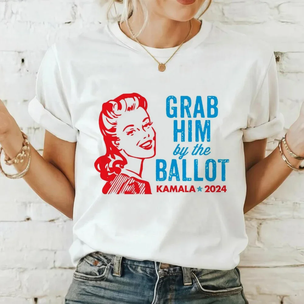 Grab Him By The Ballot Kamala 2024 Printed Pattern T-Shirt Fashion Versatile Women's Clothing Summer Short Sleeved Top T-Shirt