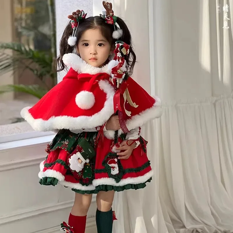 

Детские рождественские платья с оленем Милу, красный плащ, топы с кукольным воротником, одинаковая одежда для сестер, детское платье с принтом для девочек, принцесса Лолиты