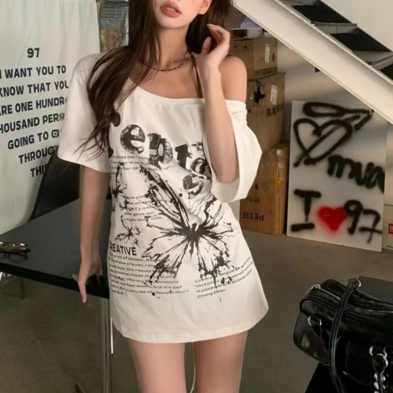 Letnie damskie T-shirty Eleganckie streetwearowe T-shirty Damskie luźne codzienne topy Damskie bluzki z nadrukiem liter Odkryte ramiona