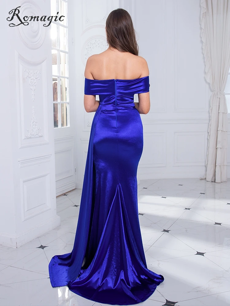 Romagic Elegant Sweep Train Blue Slash Neck Evening Prom Gown Stretch Satin Slit Ribbon Mermaid Wedding Party Bridesmaids Dress