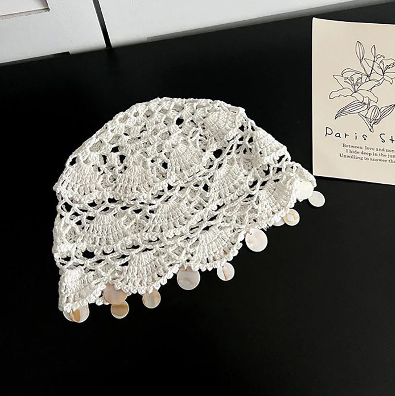 Handmade Crochet Hat Fashion Shell Tassel Knitted Hat Hollow Pullover Hat Summer Skull Hat Personalized Headwear Beanie Hat