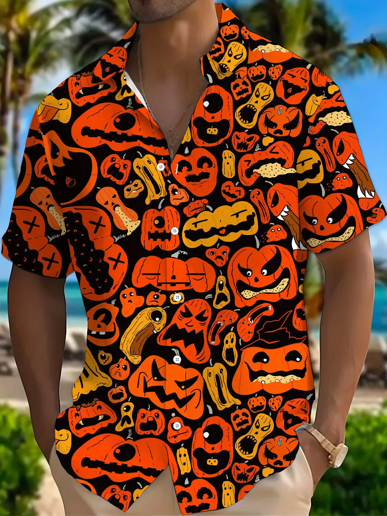 2026 Men's Shirt Halloween Pumpkin Face Print Black Base Turn Down Collar Short Sleeve Loose Holiday Party Casual Mens Clothing