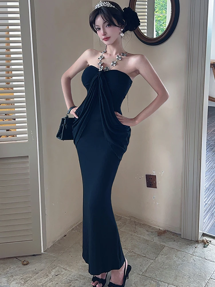 Frauen Solide Elegante Diamanten Neck-montiert Sexy Kleid Sommer Elegante Rüschen Plissee Kleid 2025, Vintage Luxus Party Nacht Kleid