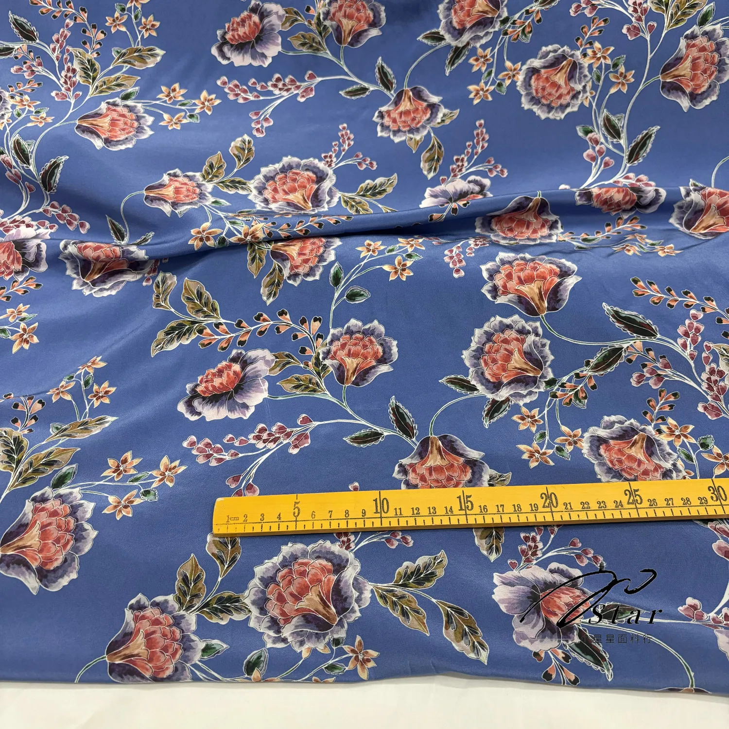 Blue Purple Peony Silk Crepe De Chine Silkworm Silk Satin Fabric Shirt Dress Cloth Spring and Summer
