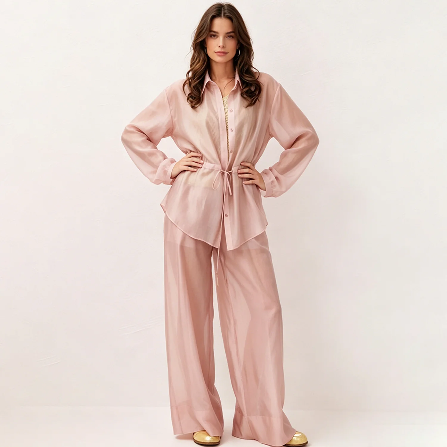 

PUAL Soft Sheer 2Pcs Outfit, Drawstring Waist Shirt+Wide Leg Pants, Loose Casual Transparent Suit for Women Daily Wear