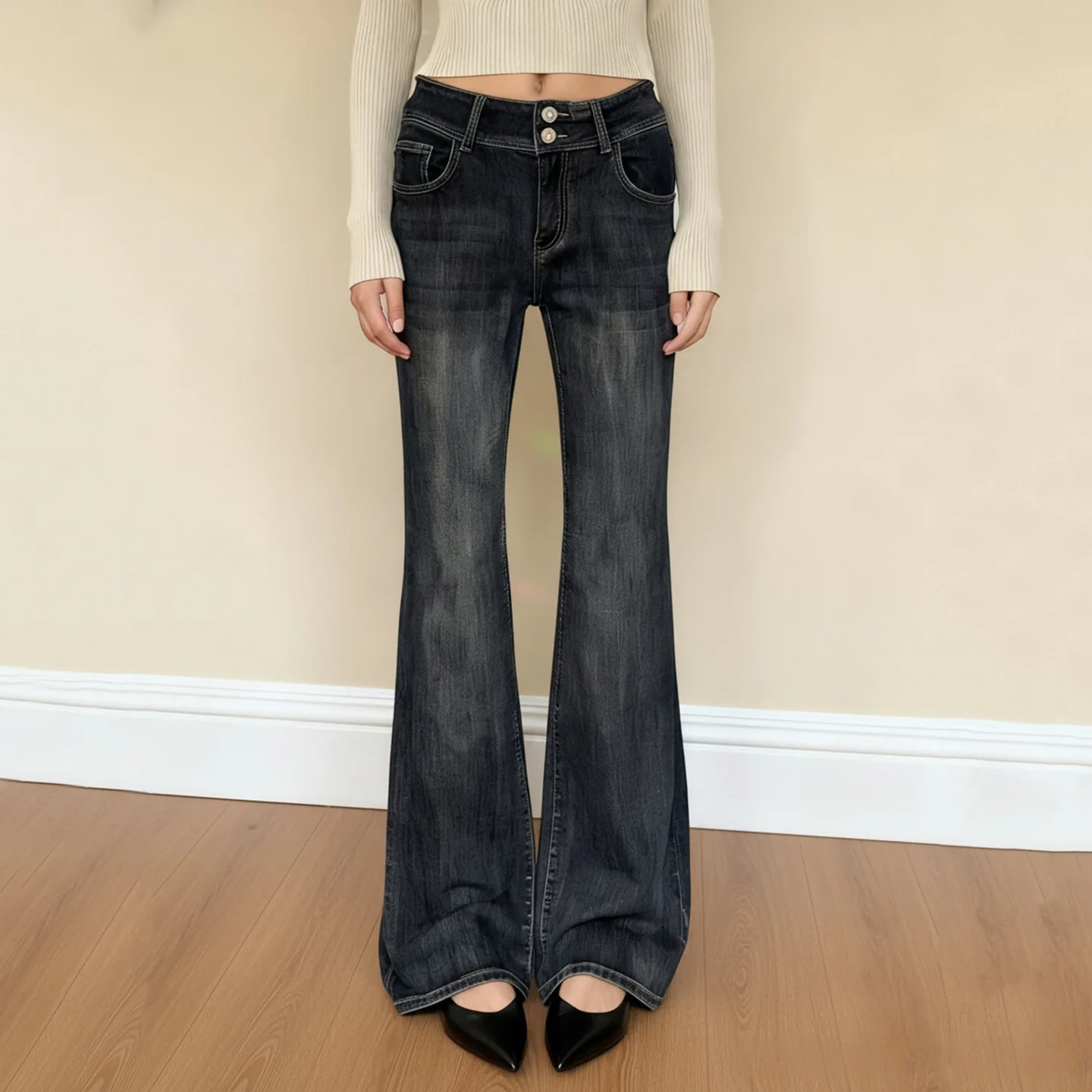 

Y2K Street Retro Jeans Vintage Washed Simple Micro Flared Unique American Style Spicy Low Waist Pants