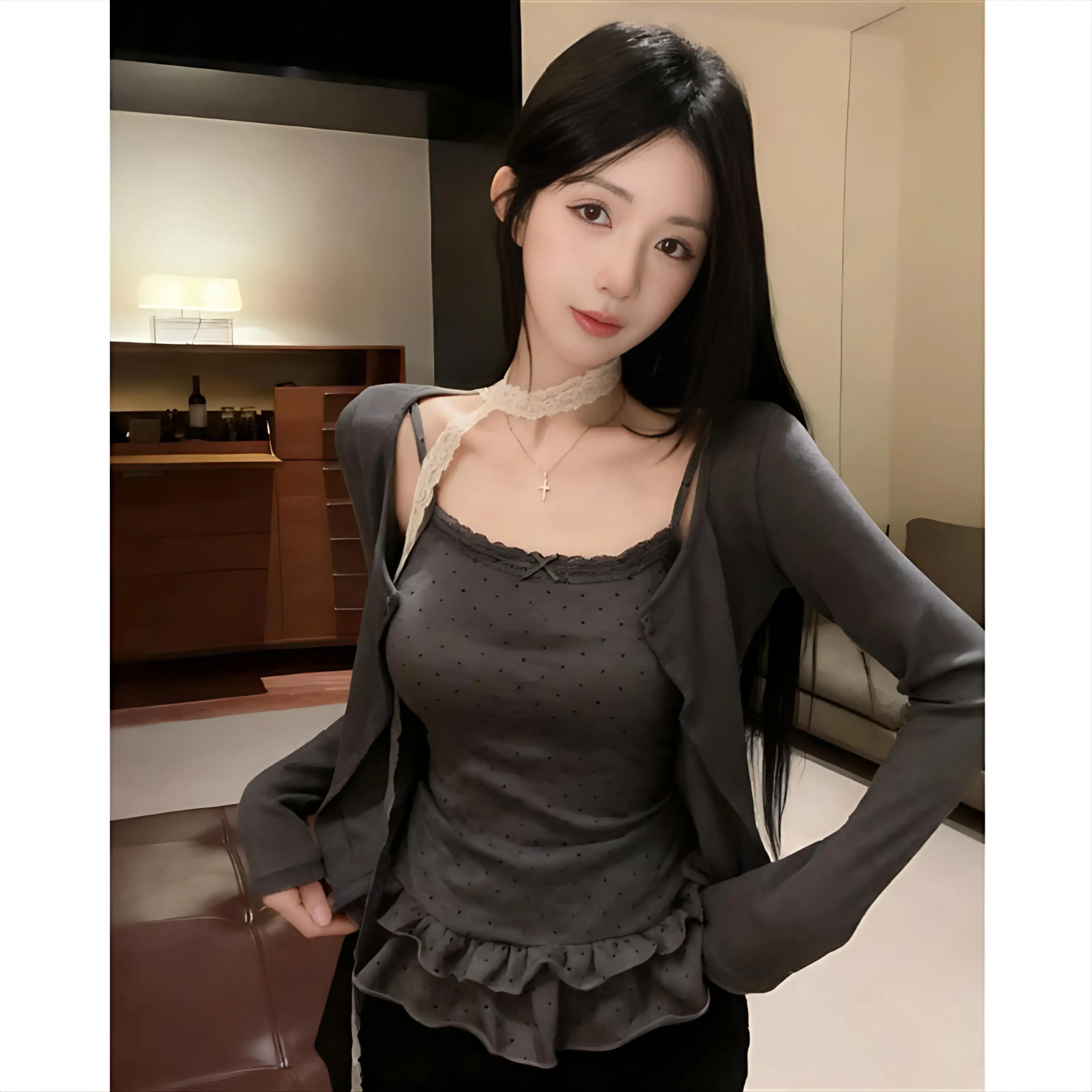 تي شيرت بأكمام طويلة على الطراز الأمريكي للسيدات للخريف بأزرار وطية صدر السترة وجيب مرقع كل مباراة منقوشة طيات عادية مطوي #3