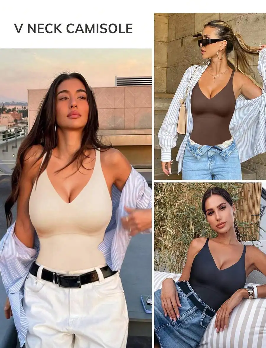 Nebility Compression Tank Tops For Women Tummy Control Shapewear Seamless Body Shaper Workout V-Neck Camisole Cami Tops