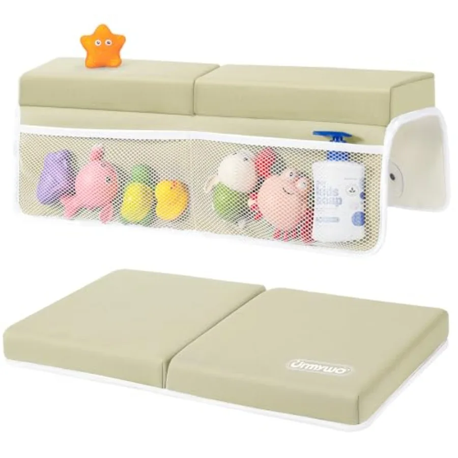 URMYWO Bath Kneeler and Elbow Rest Pad Set - 1.5" Thick Baby Bath Kneeler Pads with Toys Organizer, Anti-Slip Cozy Knee and Arm