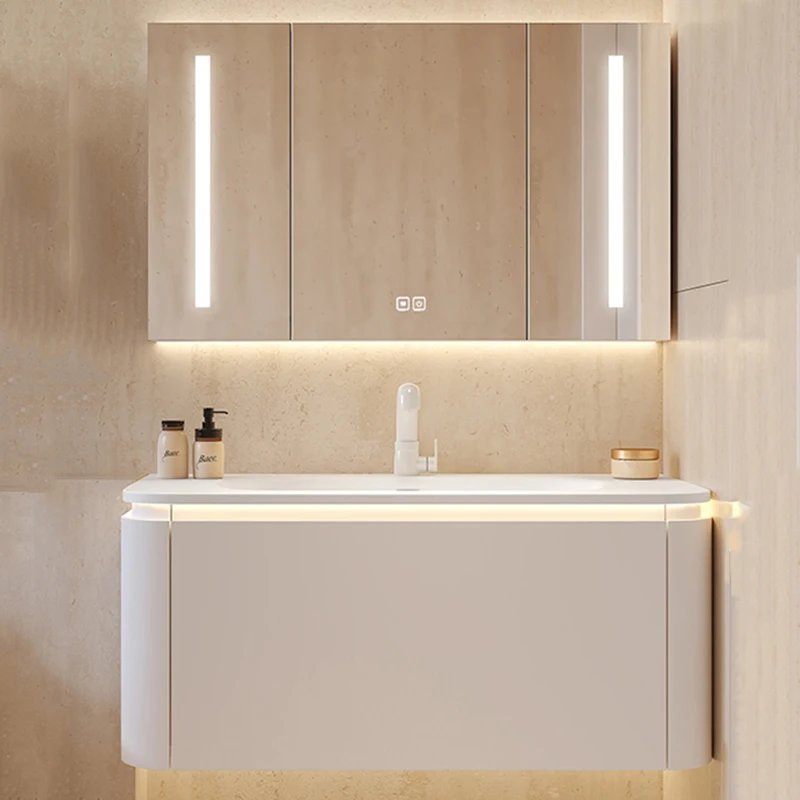 Light Wall Mounted Cabinet Luxury White Organization Storage Bathroom Cabinet Sink Mirror Salle De Bain Armoire Home Furniture