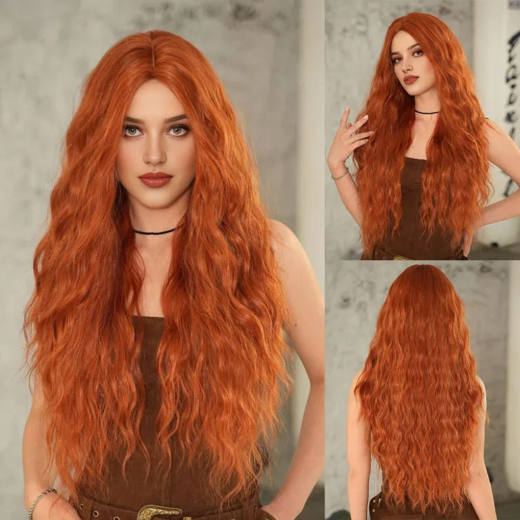 باروكة برتقالية طويلة مموجة، مصنوعة من ألياف صناعية مقاس 28 بوصة، مثالية للعب الأدوار والهالوين والحفلات والعطلات