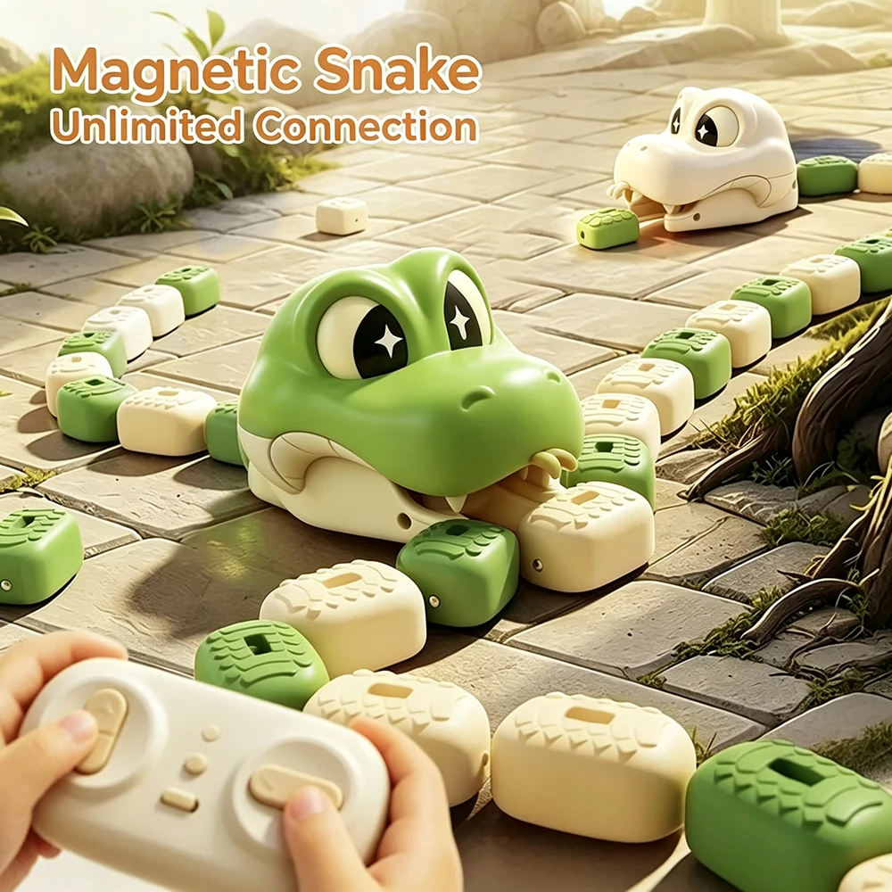 Remote Control Magnetic Greedy Snake Toy DIY Unlimited Assemble Blocks Interactive Game Toy for Kids Educational Learning Play