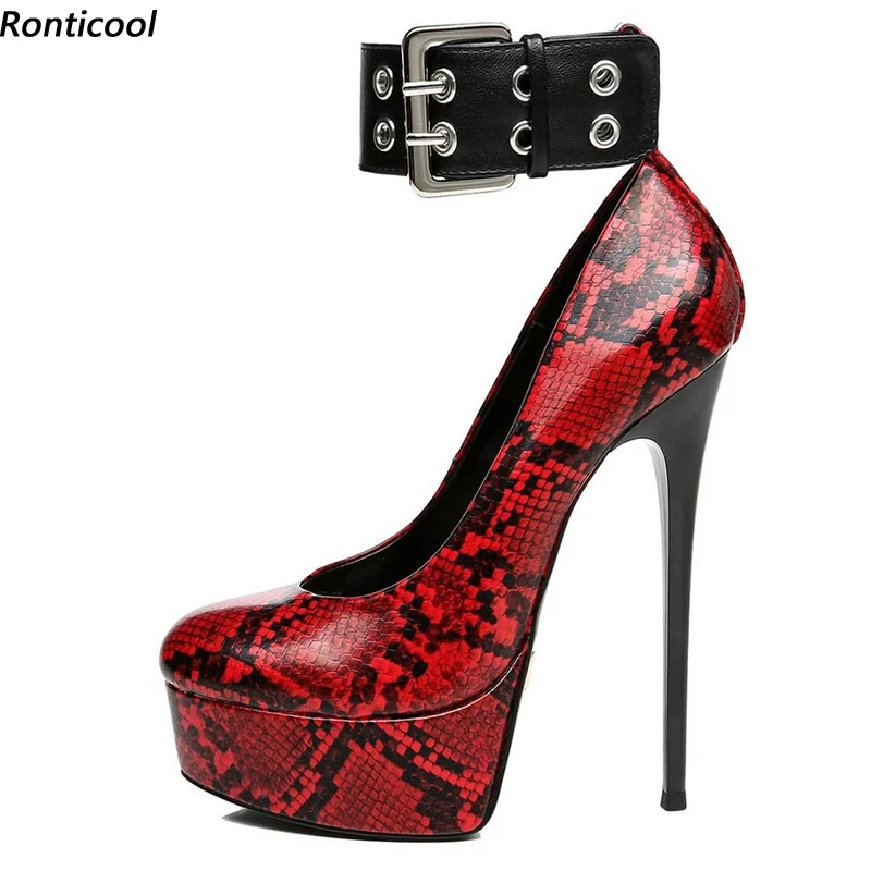 

Ronticool Handmade Women Platform Pumps Buckle Snake Pattern Stiletto Heels Round Toe Pretty Red Party Shoes US Plus Size 5-20